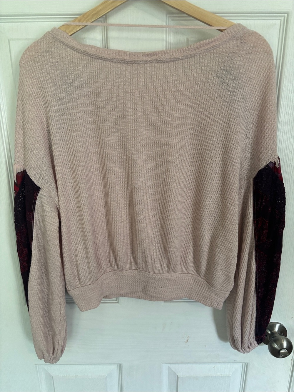 Free People Light Pink Sweater Top with Burgundy Floral Balloon Sleeves - Picture 3 of 10